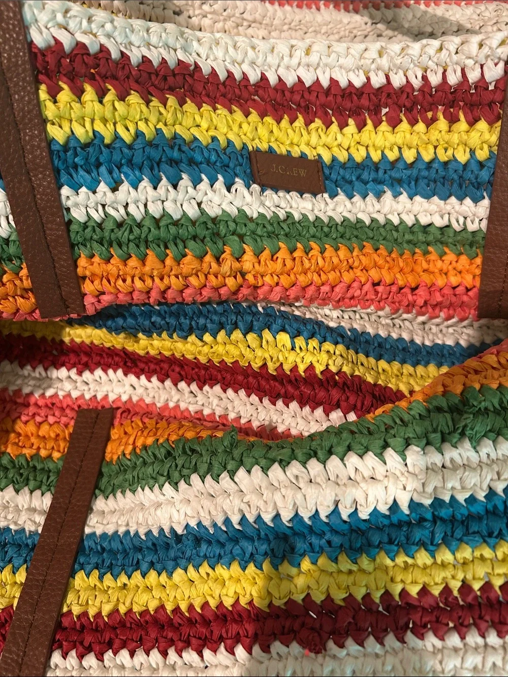 J. Crew Multicolor Striped Crochet Tote Bag with Brown Handles - Picture 8 of 10